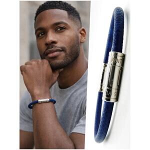MINT Louis Vuitton Mens Blue Leather Silver Monogram Split Bracelet